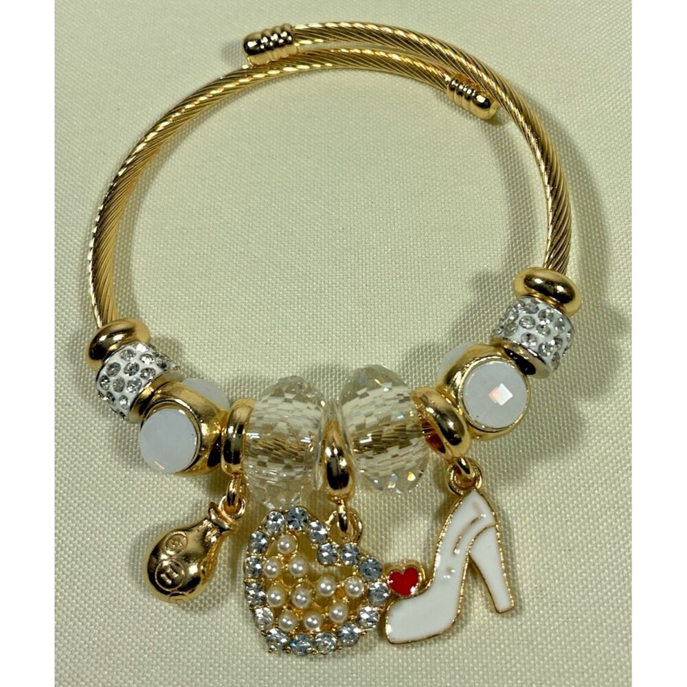 New Glass Charm & Slider Bracelet Gold Tone w/ Shoe Heart & More Charms Cute